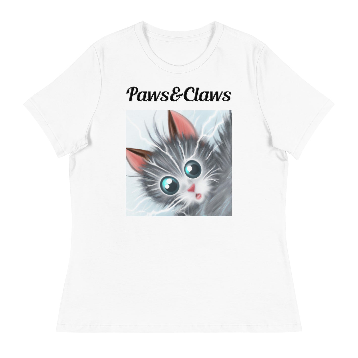 Women's White T-Shirt with text Surprised Gray Kitten with a text "Paws&Claws" at $25.97 found at Personalizedpetlovergifts