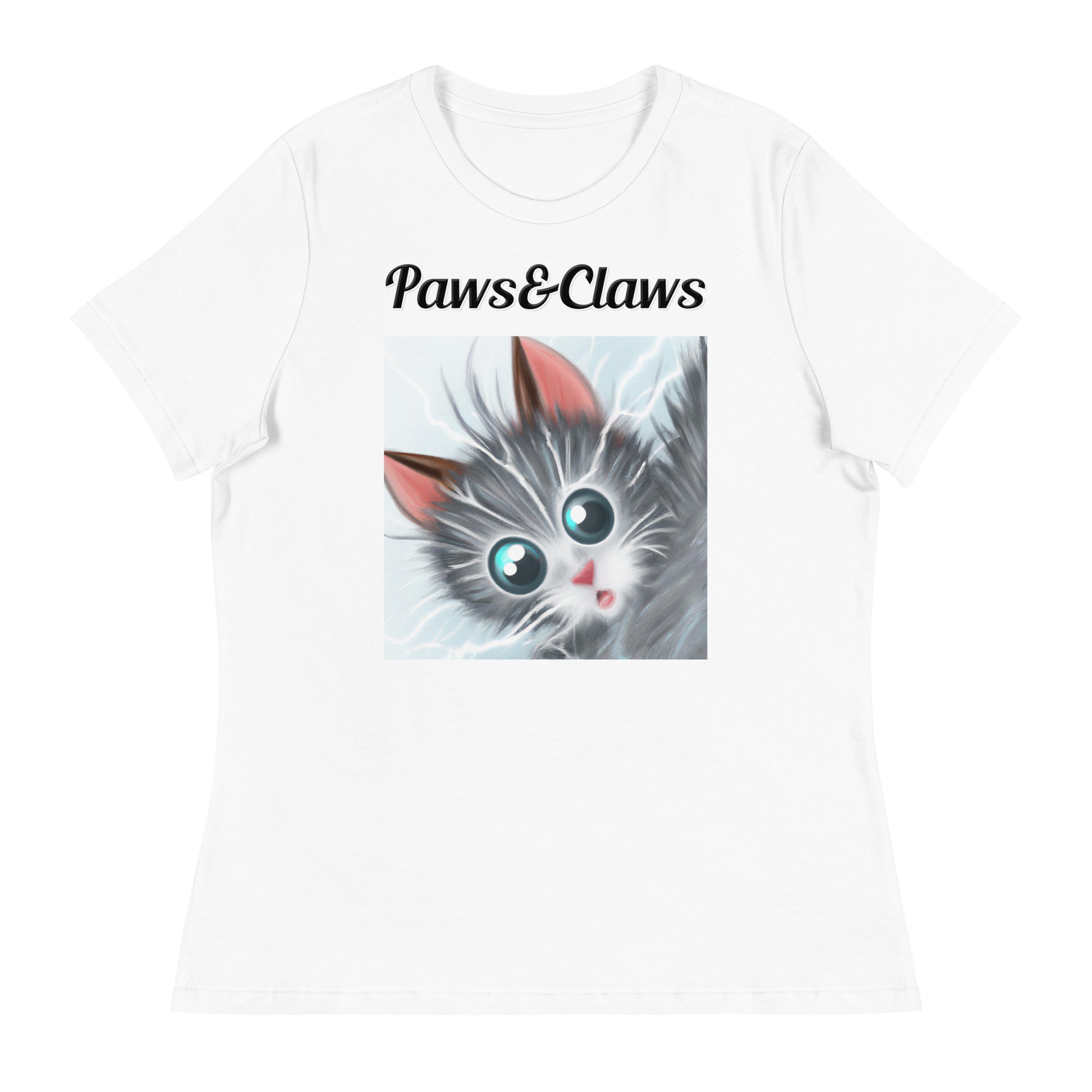 Women's White T-Shirt with text Surprised Gray Kitten with a text "Paws&Claws" at $25.97 found at Personalizedpetlovergifts