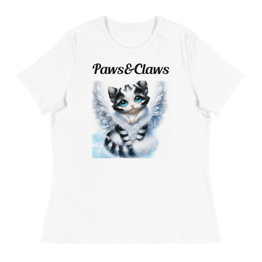 Women's White T-Shirt with text Striped Angel Kitten with a text "Paws&Claws" at $25.97 found at Personalizedpetlovergifts