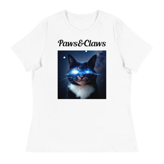 Women's White T-Shirt with text Space Eyed Cat with a text "Paws&Claws" at $25.97 found at Personalizedpetlovergifts