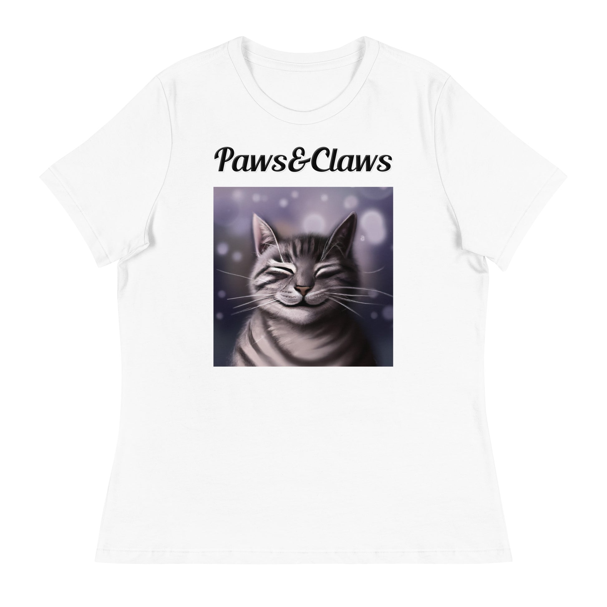 Women's White T-Shirt with text Smiling Cat with a text "Paws&Claws" at $25.97 found at Personalizedpetlovergifts