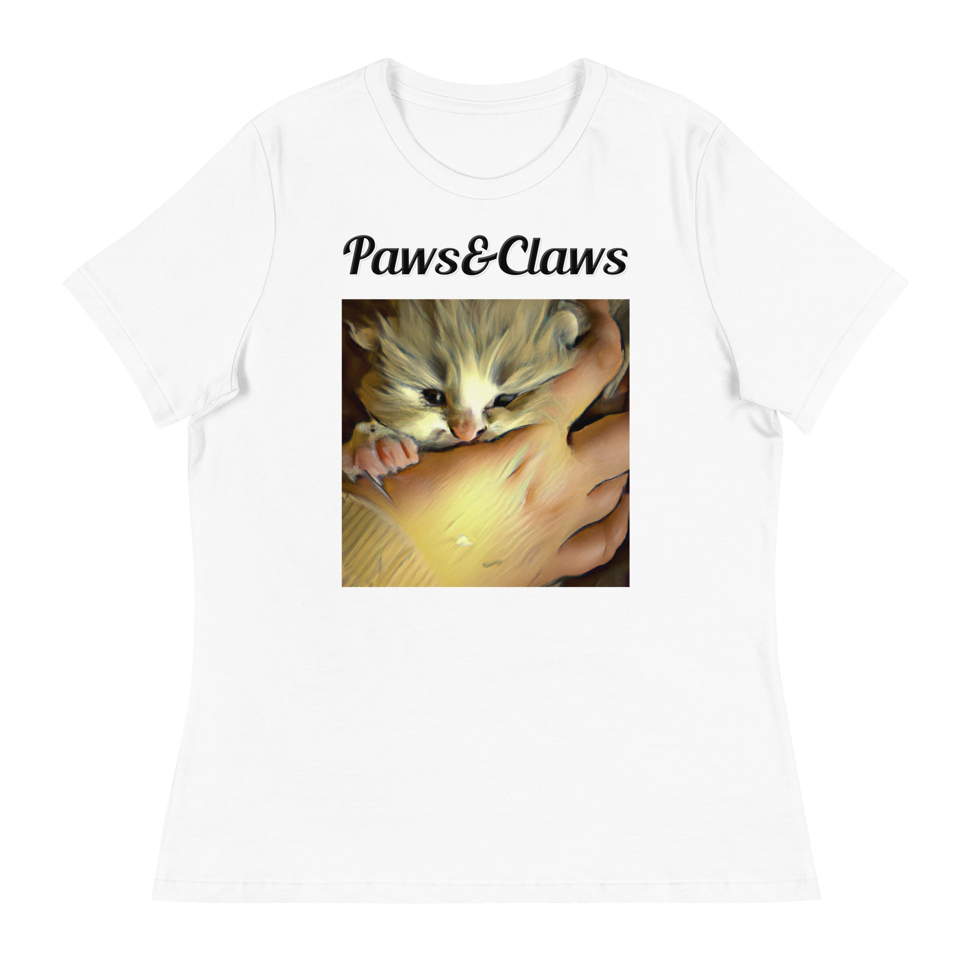 Women's White T-Shirt with text Small Kitten In Hand with a text "Paws&Claws" at $25.97 found at Personalizedpetlovergifts