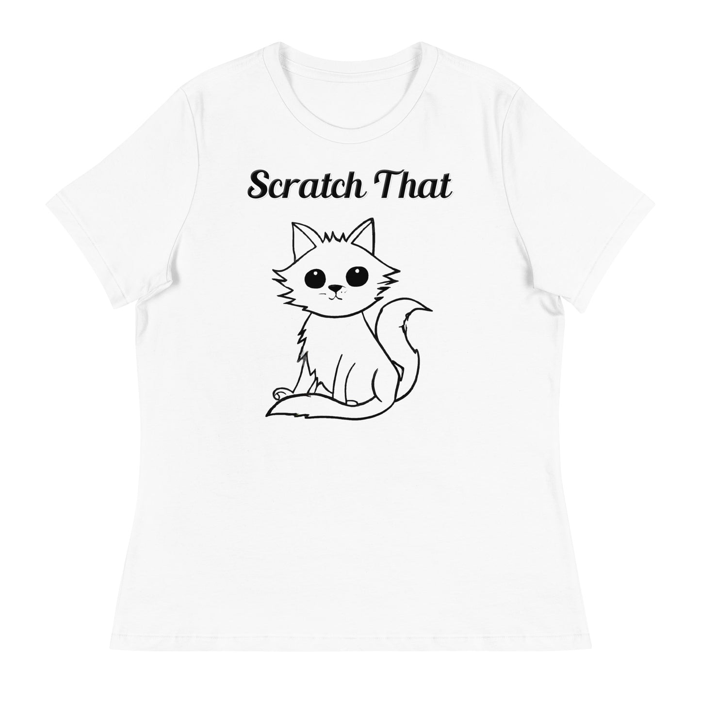 Women's White T-Shirt with text Wispy Kitten Line Art with a text "Scratch That" at $25.97 found at Personalizedpetlovergifts