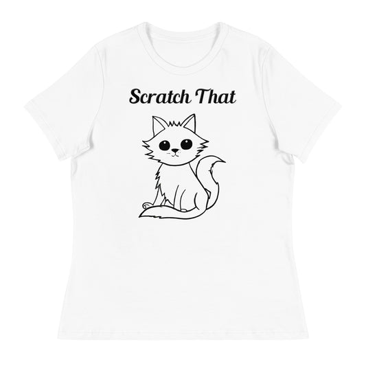 Women's White T-Shirt with text Wispy Kitten Line Art with a text "Scratch That" at $25.97 found at Personalizedpetlovergifts