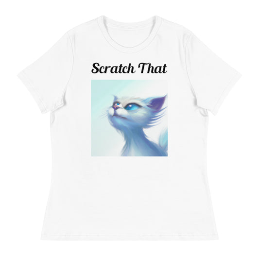 Women's White T-Shirt with text White Wind Swept Kitten With Blue Eyes with a text "Scratch That" at $25.97 found at Personalizedpetlovergifts