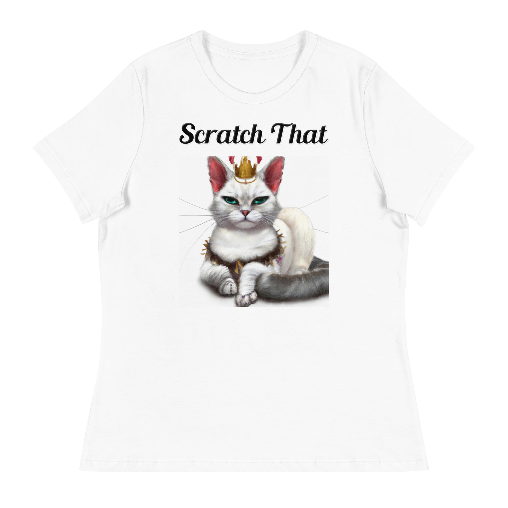 Women's White T-Shirt with text White Queen Cat with a text "Scratch That" at $25.97 found at Personalizedpetlovergifts