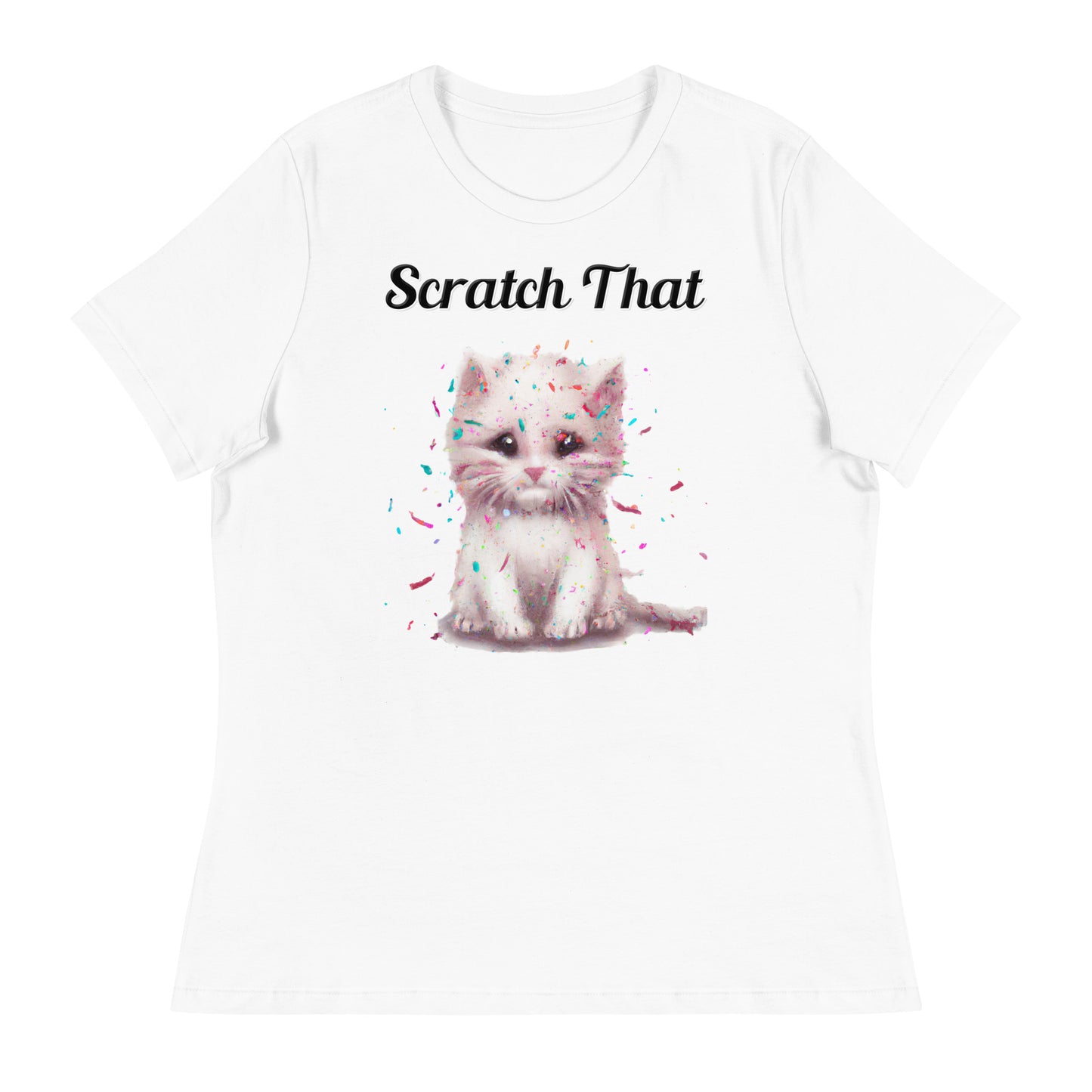 Women's White T-Shirt with text White Kitten With Confetti with a text "Scratch That" at $25.97 found at Personalizedpetlovergifts