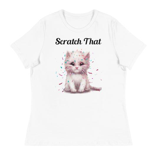 Women's White T-Shirt with text White Kitten With Confetti with a text "Scratch That" at $25.97 found at Personalizedpetlovergifts