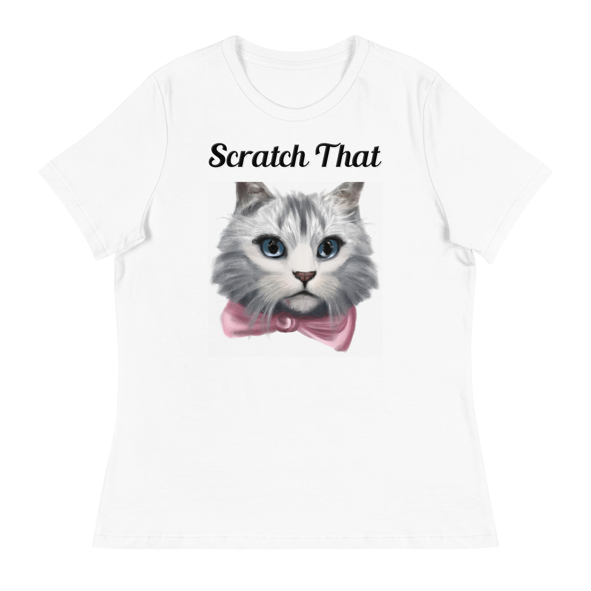 Women's White T-Shirt with text White Kitten With a Pink Bow with a text "Scratch That" at $25.97 found at Personalizedpetlovergifts