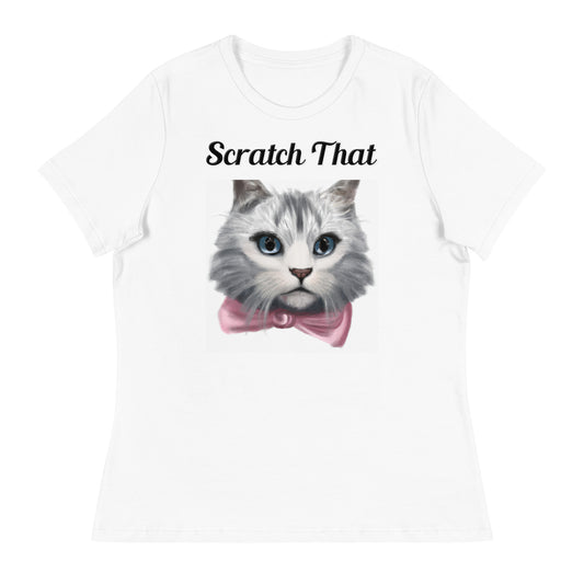 Women's White T-Shirt with text White Kitten With a Pink Bow with a text "Scratch That" at $25.97 found at Personalizedpetlovergifts