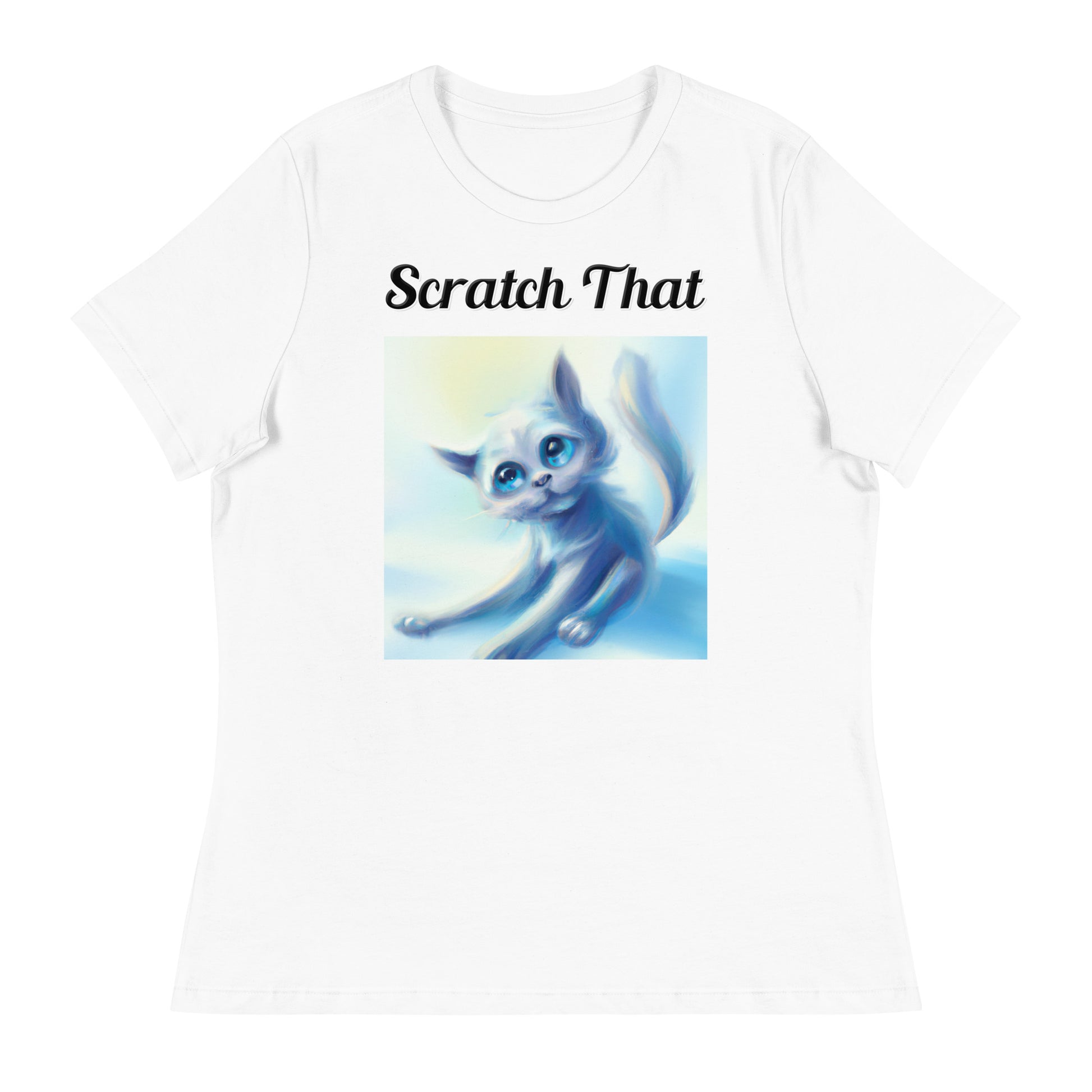 Women's White T-Shirt with text White Kitten Stretching with a text "Scratch That" at $25.97 found at Personalizedpetlovergifts