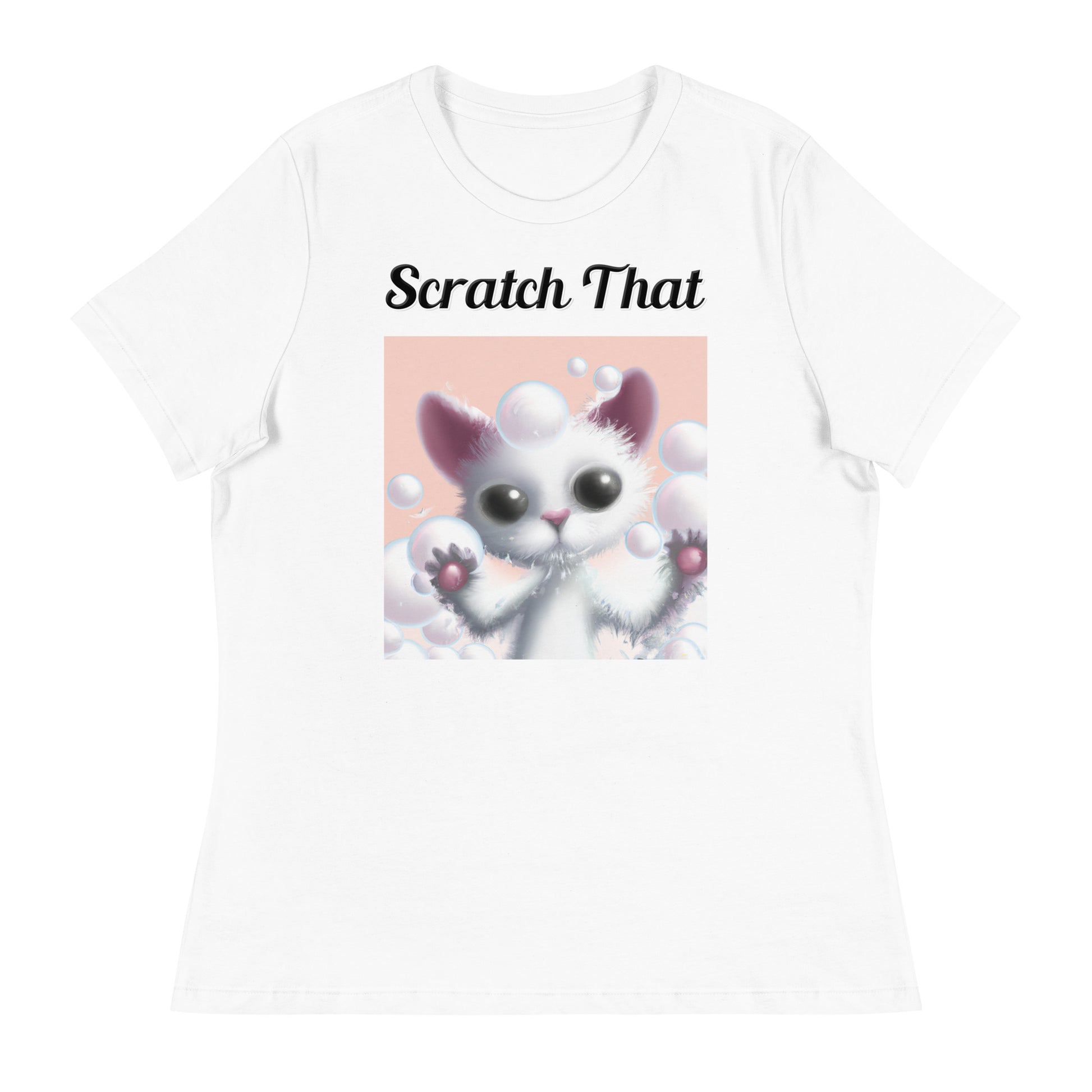 Women's White T-Shirt with text White Kitten Playing With Bubbles with a text "Scratch That" at $25.97 found at Personalizedpetlovergifts