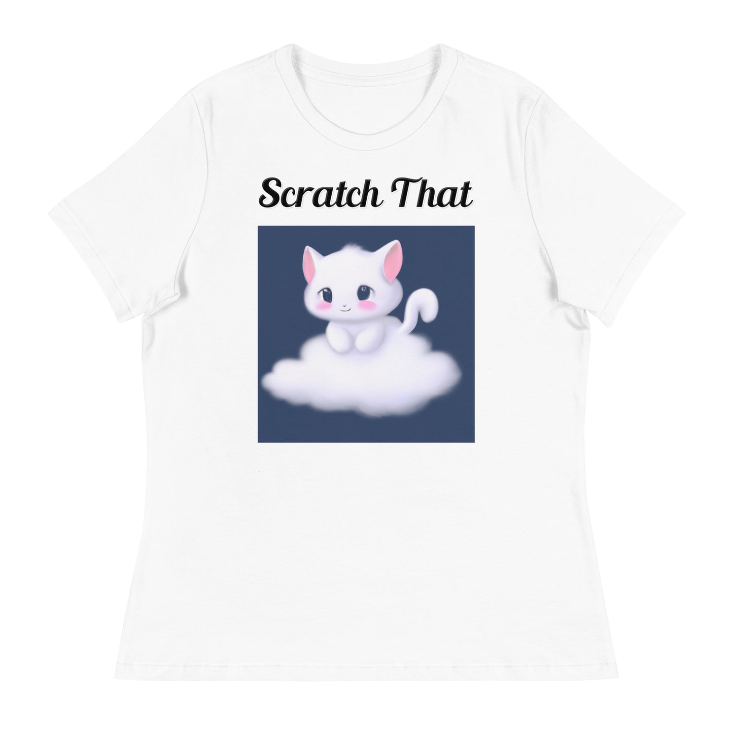 Women's White T-Shirt with text White Kitten On a Cloud with a text "Scratch That" at $25.97 found at Personalizedpetlovergifts