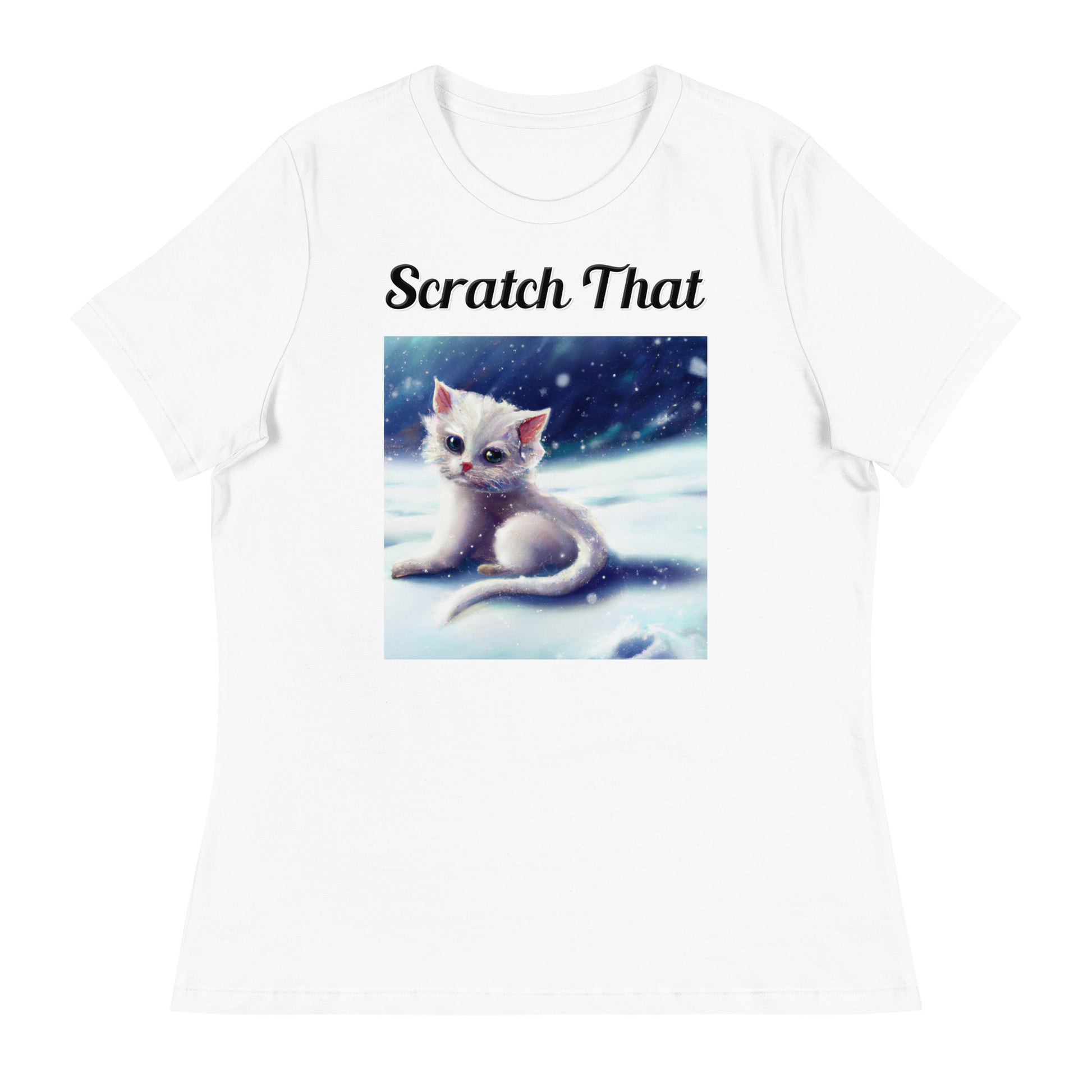 Women's White T-Shirt with text White Kitten In The Snow with a text "Scratch That" at $25.97 found at Personalizedpetlovergifts