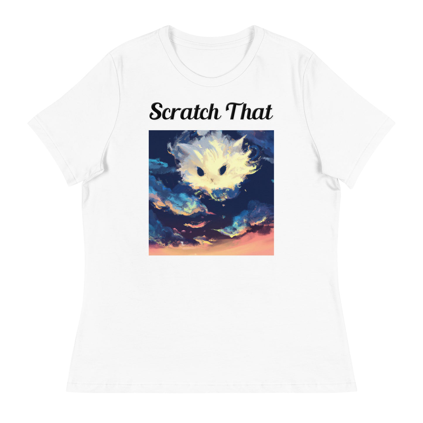 Women's White T-Shirt with text White Kitten Cloud Painting with a text "Scratch That" at $25.97 found at Personalizedpetlovergifts