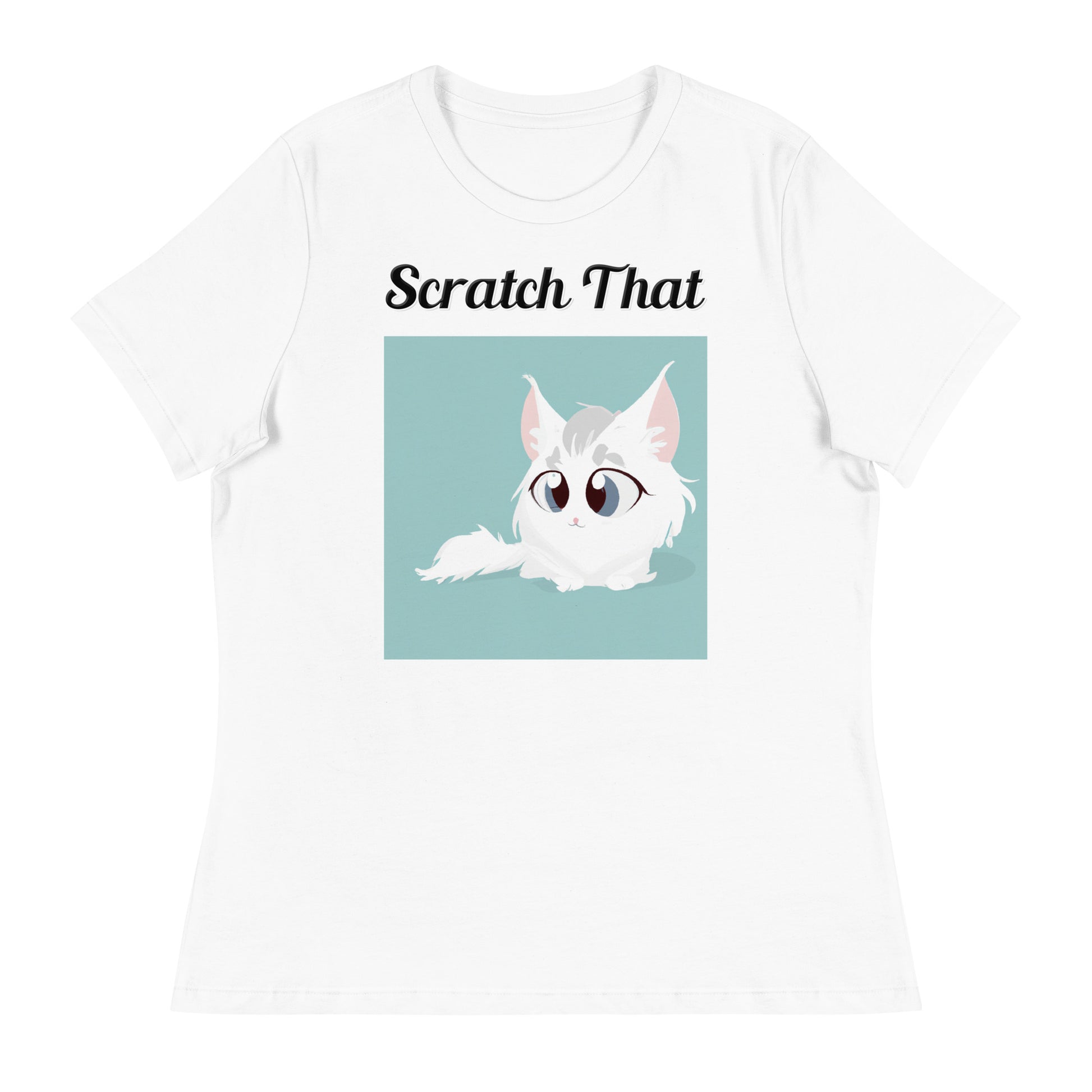 Women's White T-Shirt with text White Furball Kitten with a text "Scratch That" at $25.97 found at Personalizedpetlovergifts