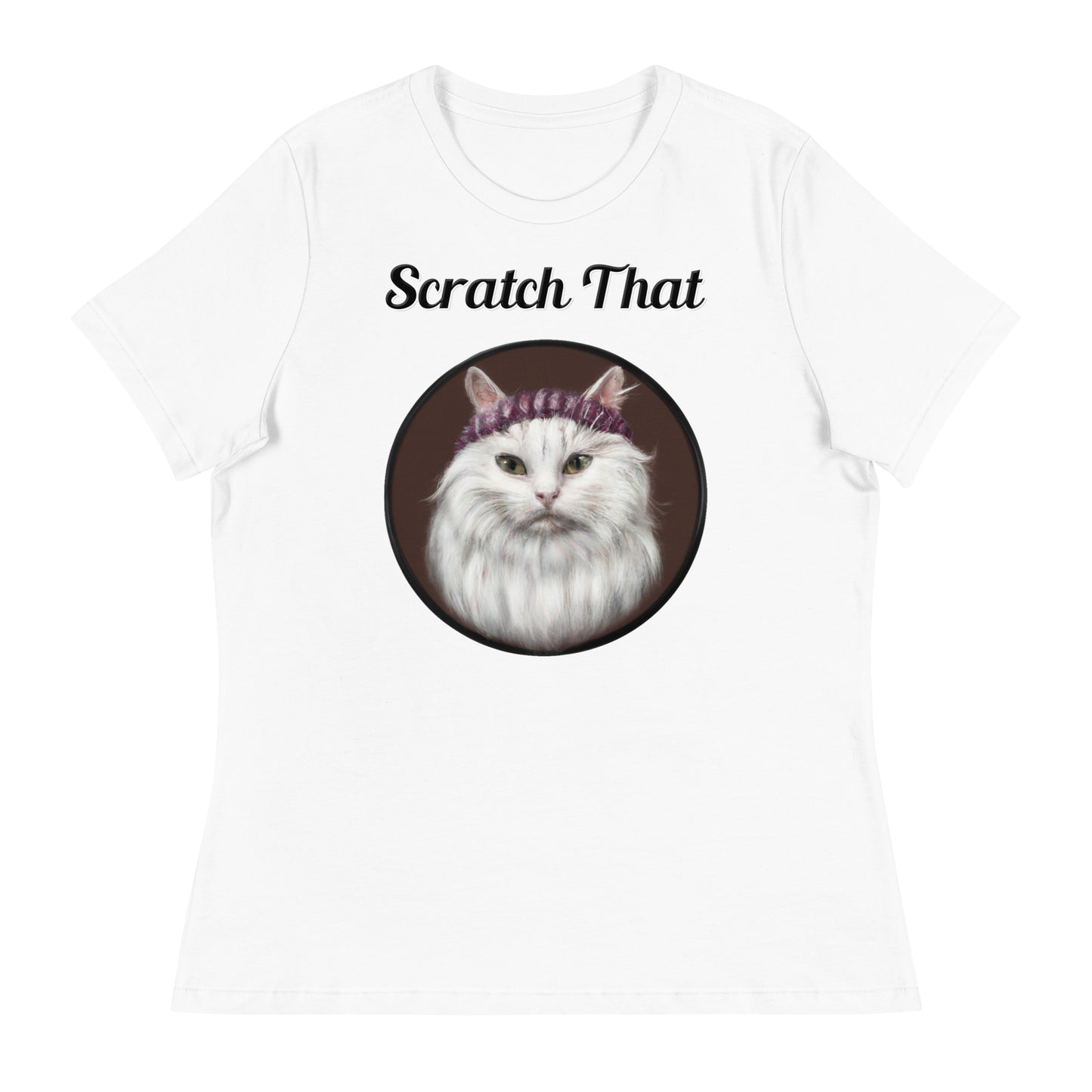 Women's White T-Shirt with text White Fluffy Kitten With a Knit Headband with a text "Scratch That" at $25.97 found at Personalizedpetlovergifts