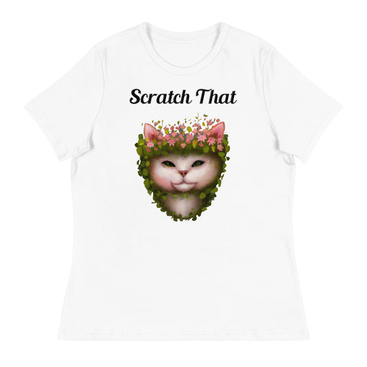 Women's White T-Shirt with text White Cat With Flowers with a text "Scratch That" at $25.97 found at Personalizedpetlovergifts