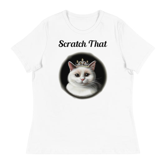 Women's White T-Shirt with text White Cat With a Tiara with a text "Scratch That" at $25.97 found at Personalizedpetlovergifts