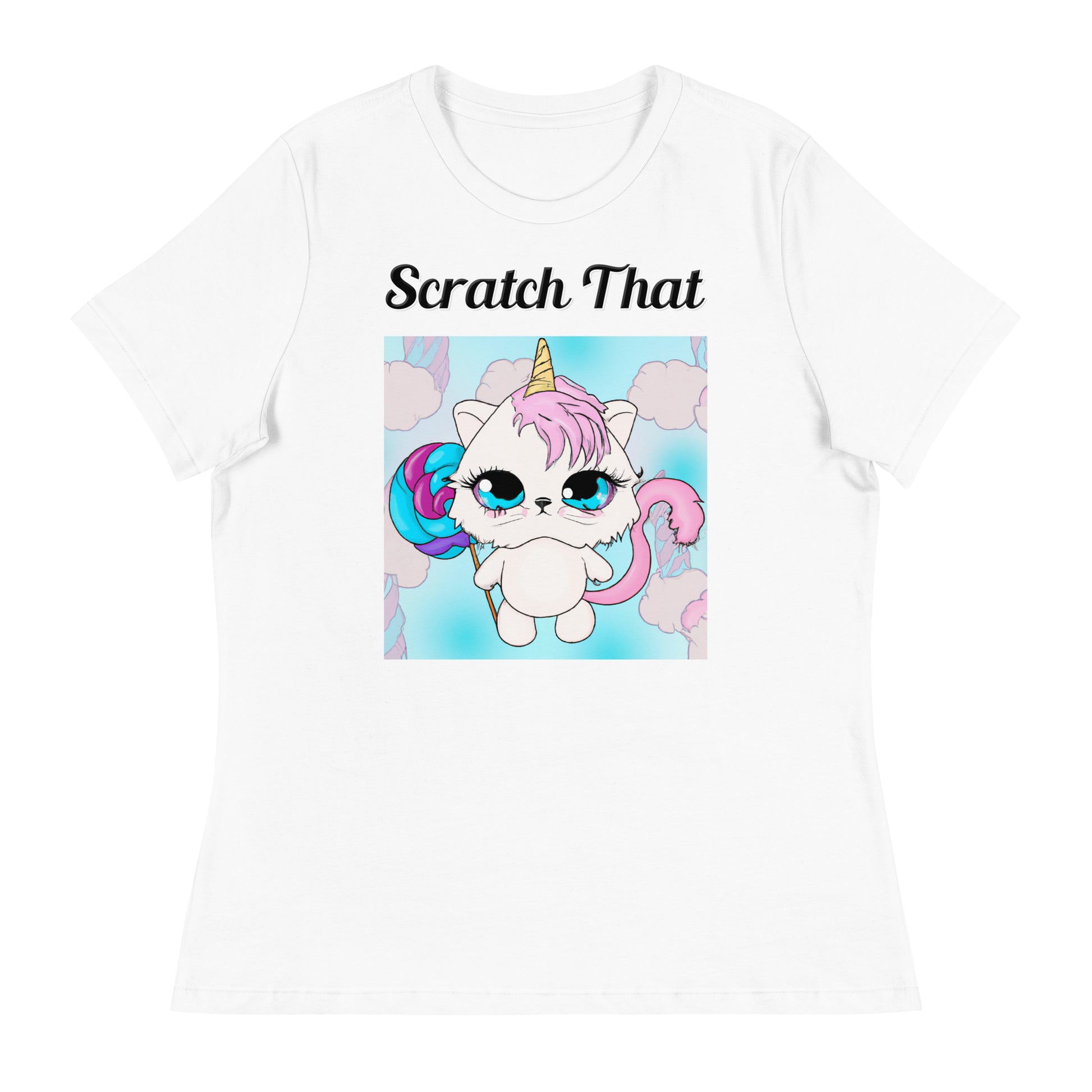 Women's White T-Shirt with text Unicorn Kitten With Lollipop with a text "Scratch That" at $25.97 found at Personalizedpetlovergifts