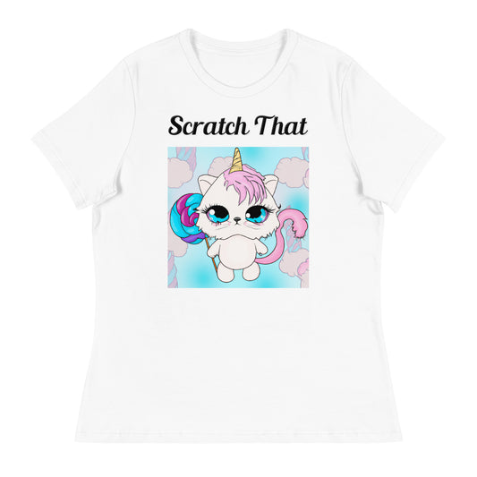 Women's White T-Shirt with text Unicorn Kitten With Lollipop with a text "Scratch That" at $25.97 found at Personalizedpetlovergifts