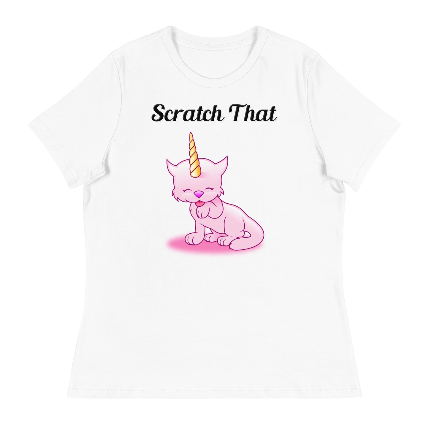 Women's White T-Shirt with text Unicorn Cat Licking Its Paw with a text "Scratch That" at $25.97 found at Personalizedpetlovergifts