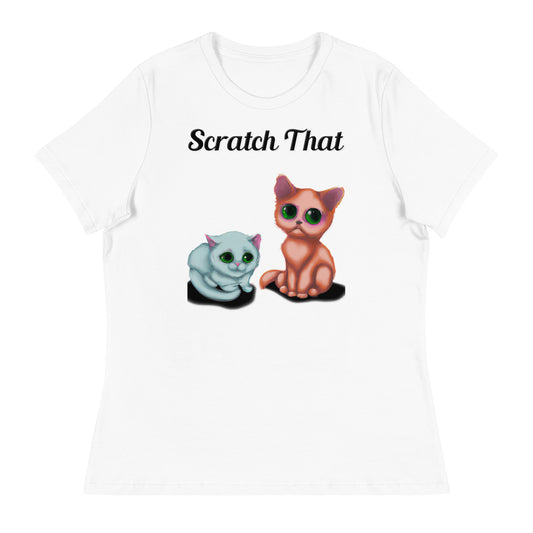 Women's White T-Shirt with text Two Kittens Sitting with a text "Scratch That" at $25.97 found at Personalizedpetlovergifts