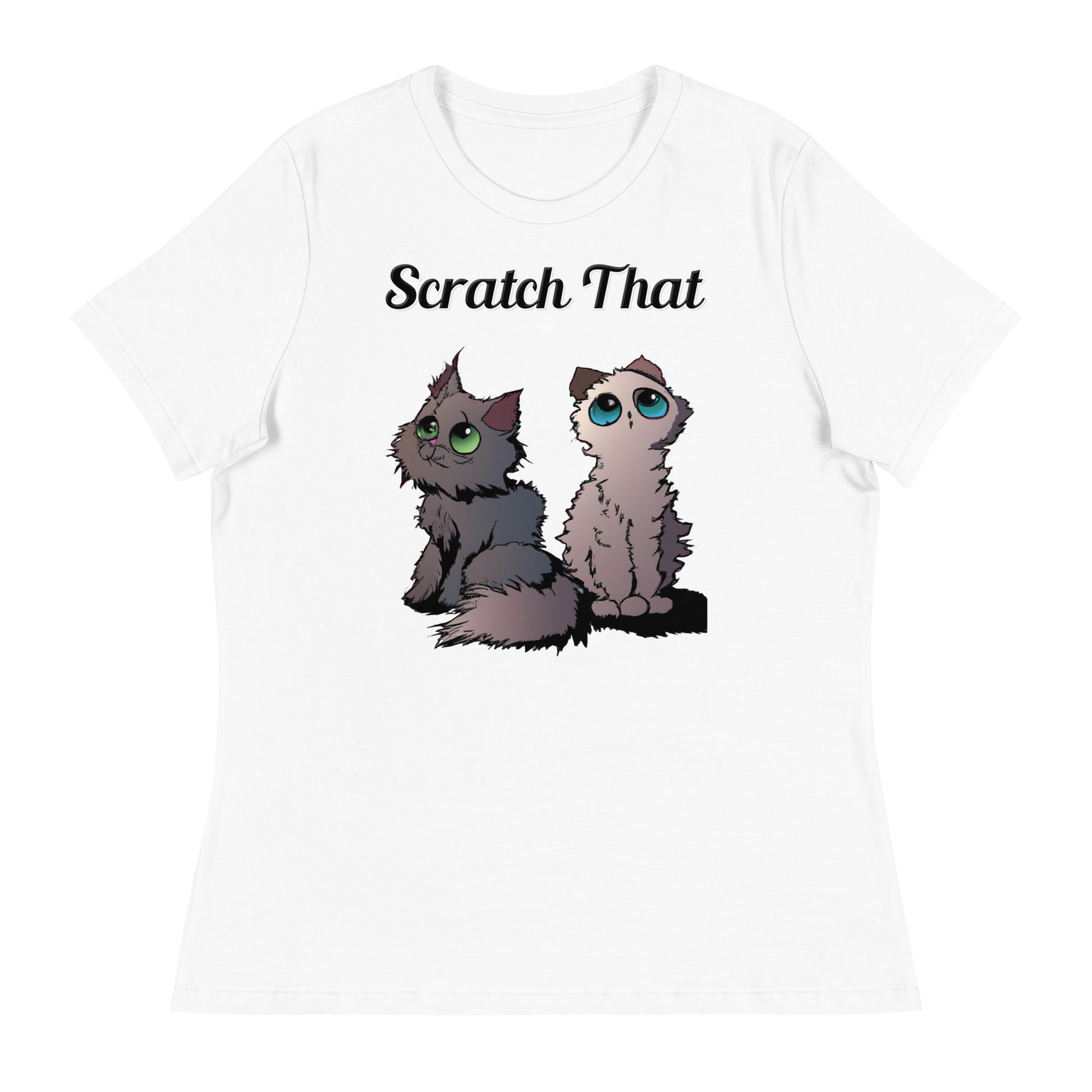 Women's White T-Shirt with text Two Cute Kittens with a text "Scratch That" at $25.97 found at Personalizedpetlovergifts