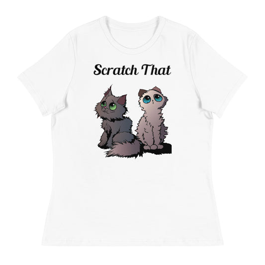 Women's White T-Shirt with text Two Cute Kittens with a text "Scratch That" at $25.97 found at Personalizedpetlovergifts