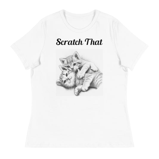 Women's White T-Shirt with text Two Cute Kittens Hugging Pencil Drawing with a text "Scratch That" at $25.97 found at Personalizedpetlovergifts