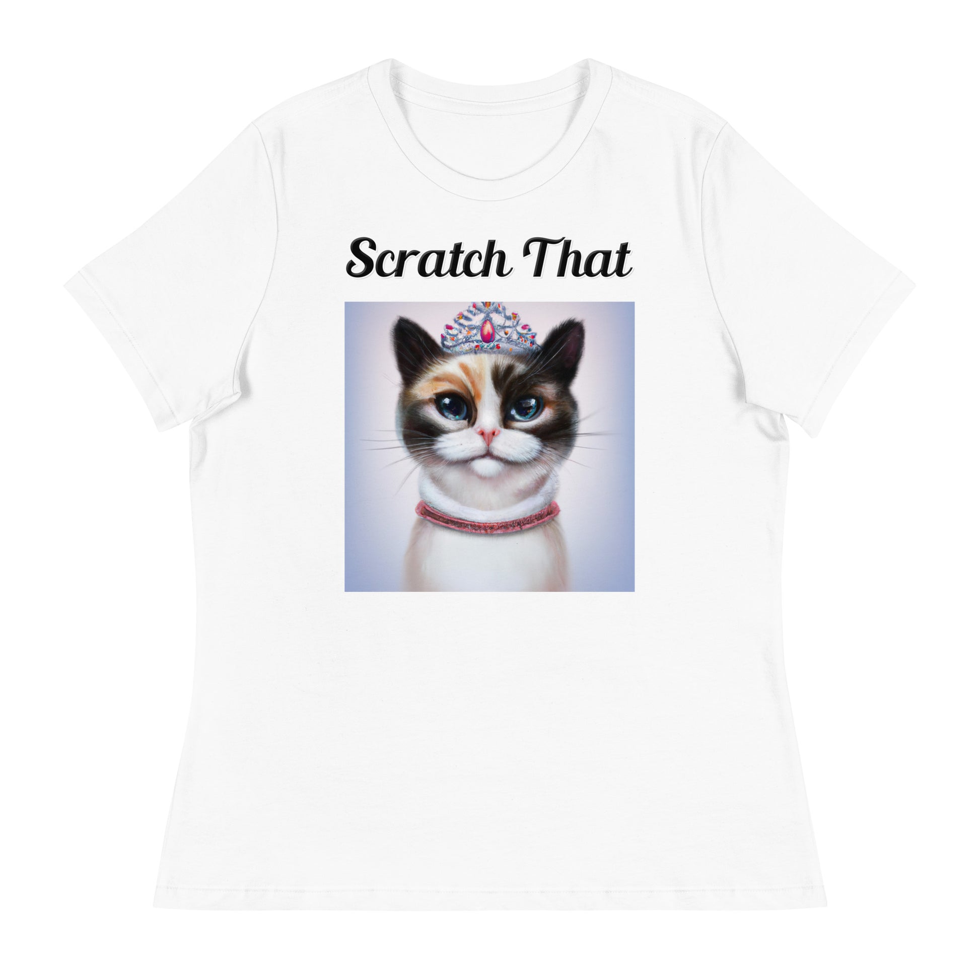 Women's White T-Shirt with text Tri-Colored Cat With A Tiara with a text "Scratch That" at $25.97 found at Personalizedpetlovergifts