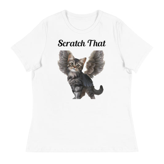 Women's White T-Shirt with text Tabby Cat With Angel Wings with a text "Scratch That" at $25.97 found at Personalizedpetlovergifts