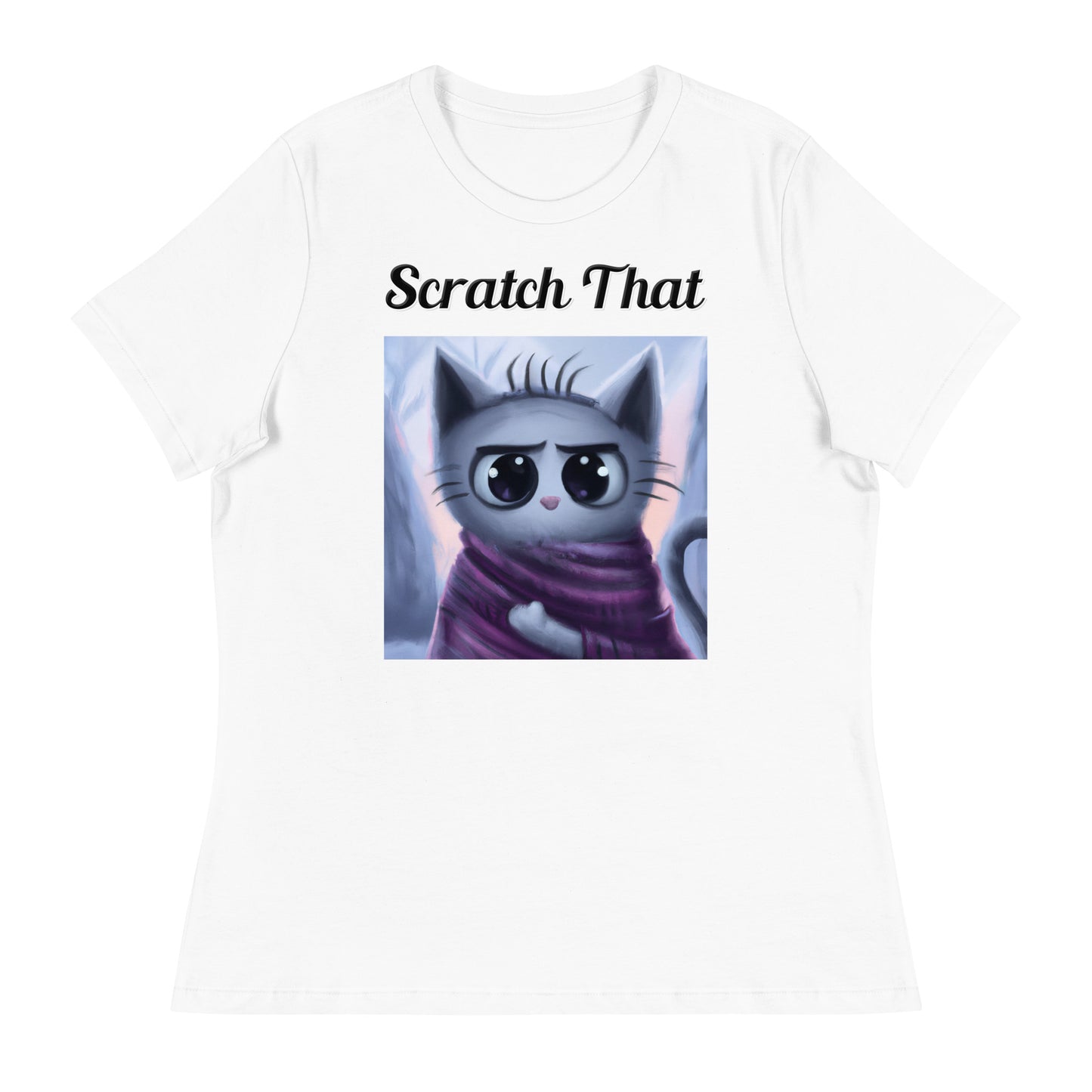 Women's White T-Shirt with text Surprised Kitten In A Shawl with a text "Scratch That" at $25.97 found at Personalizedpetlovergifts