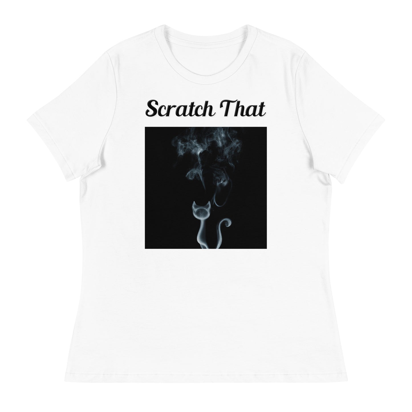 Women's White T-Shirt with text Smoky Cat with a text "Scratch That" at $25.97 found at Personalizedpetlovergifts