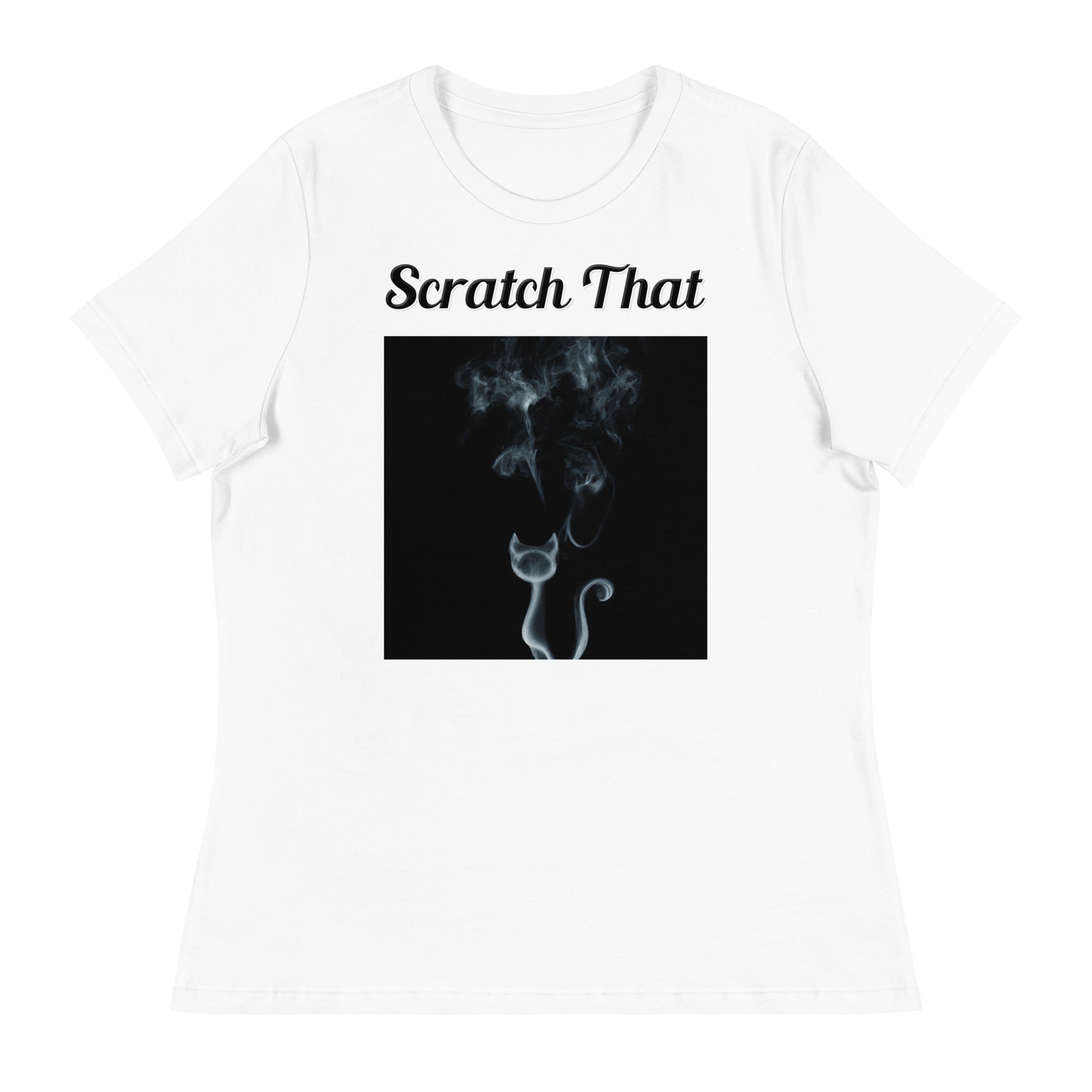 Women's White T-Shirt with text Smoky Cat with a text "Scratch That" at $25.97 found at Personalizedpetlovergifts