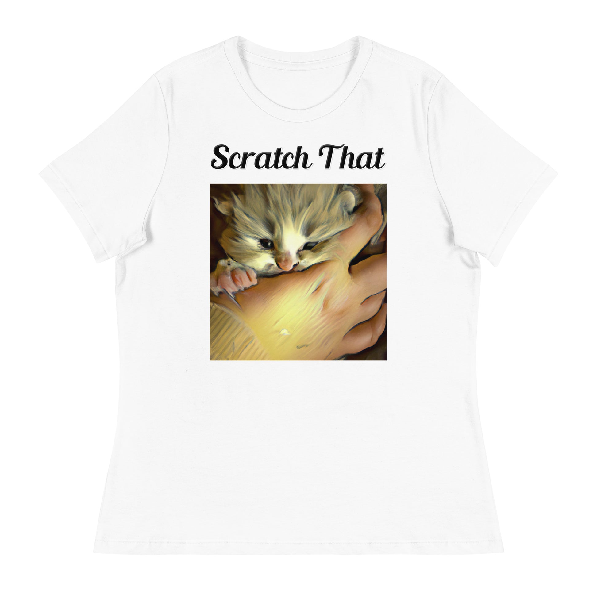 Women's White T-Shirt with text Small Kitten In Hand with a text "Scratch That" at $25.97 found at Personalizedpetlovergifts