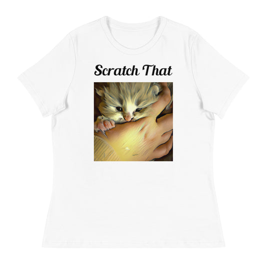 Women's White T-Shirt with text Small Kitten In Hand with a text "Scratch That" at $25.97 found at Personalizedpetlovergifts