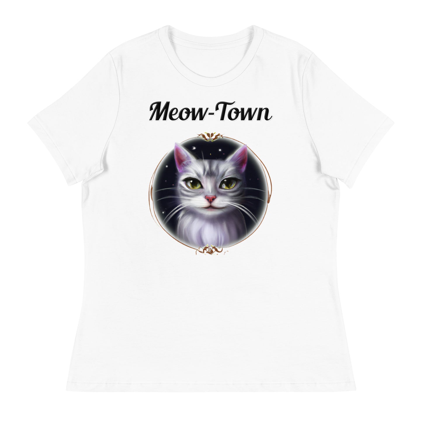 Women's White T-Shirt with text Wispy Whiskers Cat In a Circle with a text "Meow-Town" at $25.97 found at Personalizedpetlovergifts