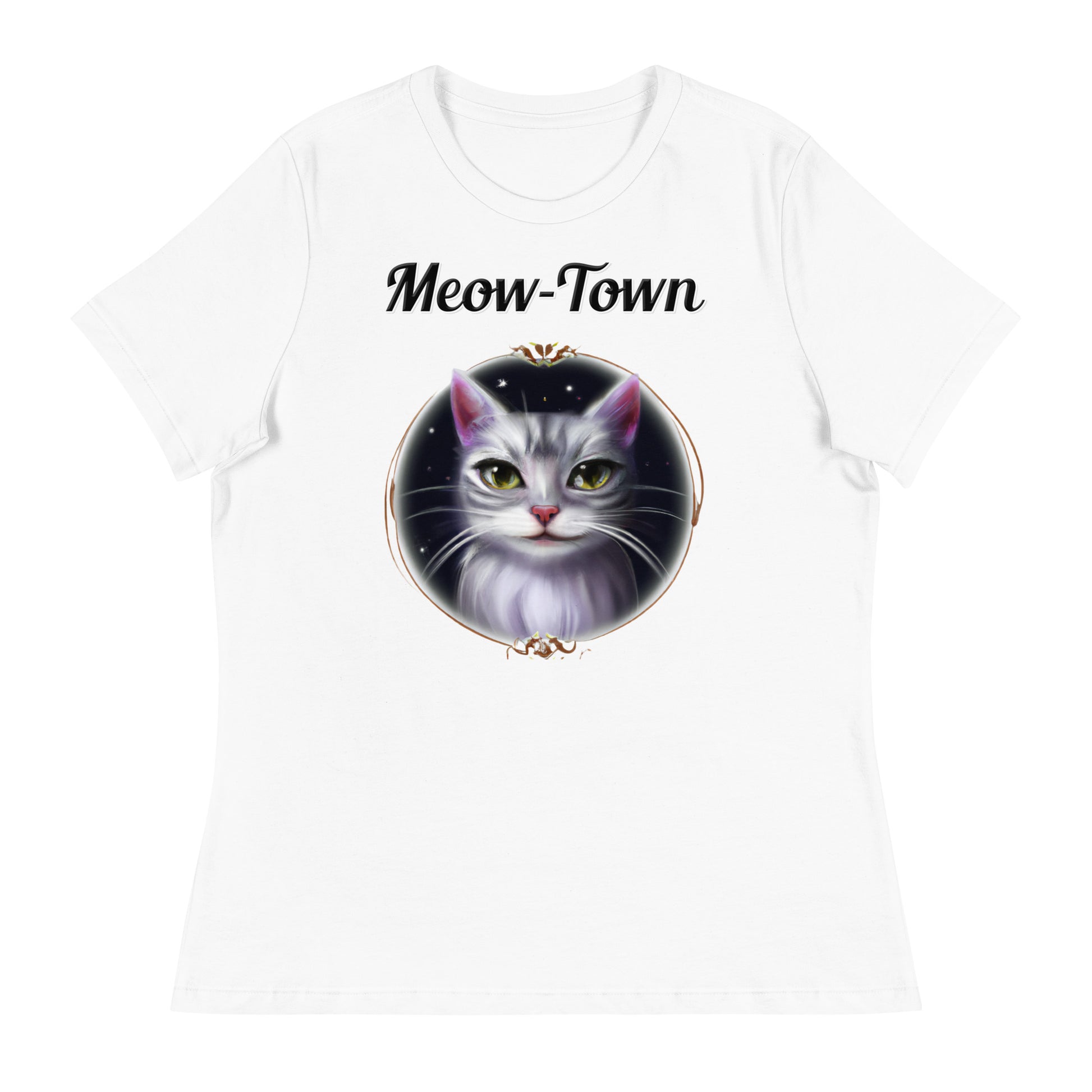 Women's White T-Shirt with text Wispy Whiskers Cat In a Circle with a text "Meow-Town" at $25.97 found at Personalizedpetlovergifts