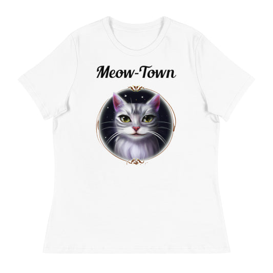 Women's White T-Shirt with text Wispy Whiskers Cat In a Circle with a text "Meow-Town" at $25.97 found at Personalizedpetlovergifts