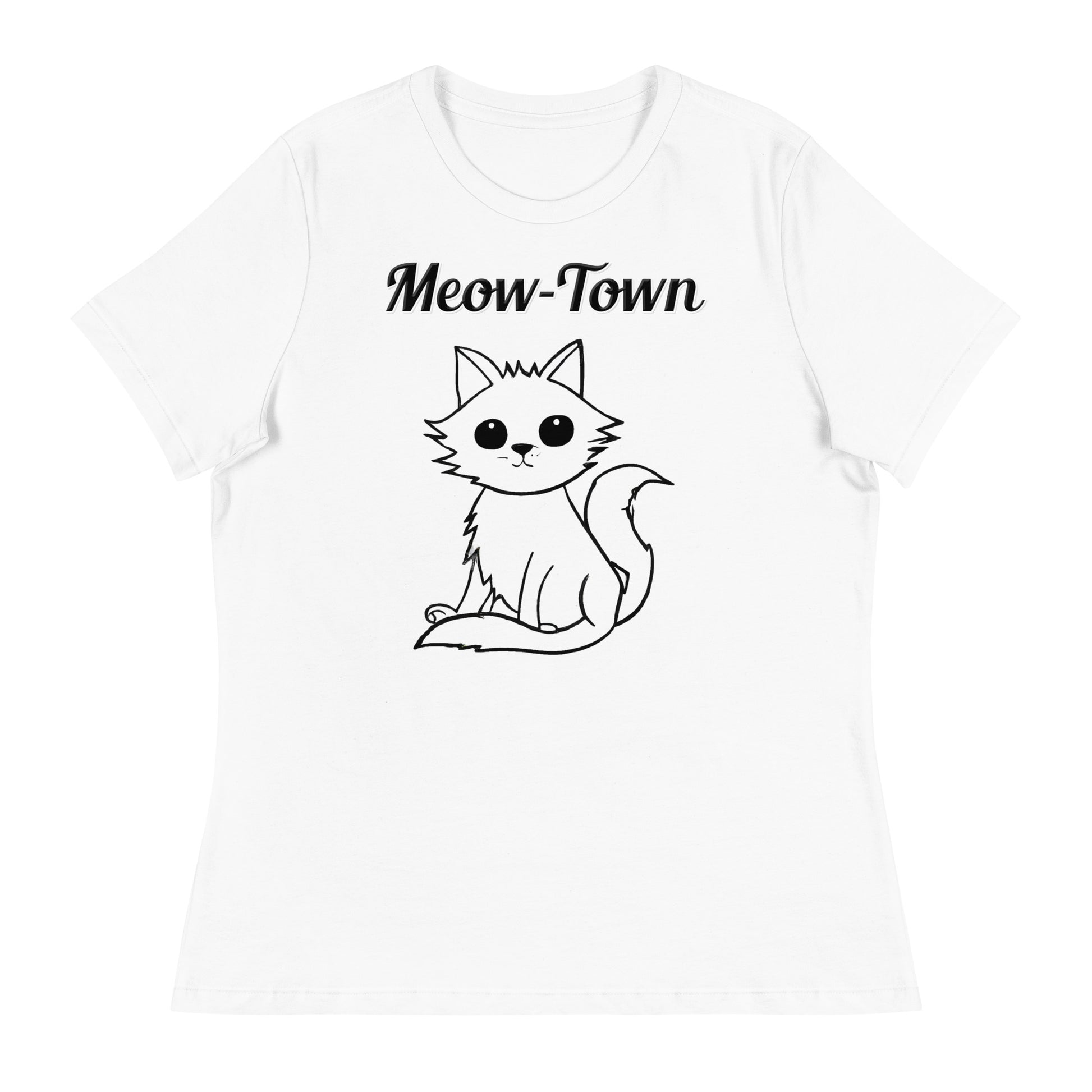 Women's White T-Shirt with text Wispy Kitten Line Art with a text "Meow-Town" at $25.97 found at Personalizedpetlovergifts