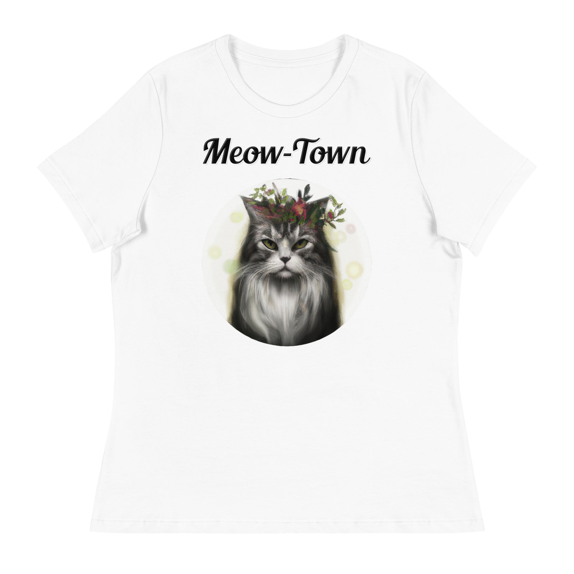 Women's White T-Shirt with text Wispy Haired Cat With Flowers with a text "Meow-Town" at $25.97 found at Personalizedpetlovergifts