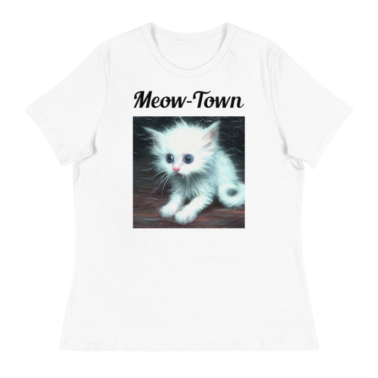 Women's White T-Shirt with text Wispy Furred Kitten with a text "Meow-Town" at $25.97 found at Personalizedpetlovergifts