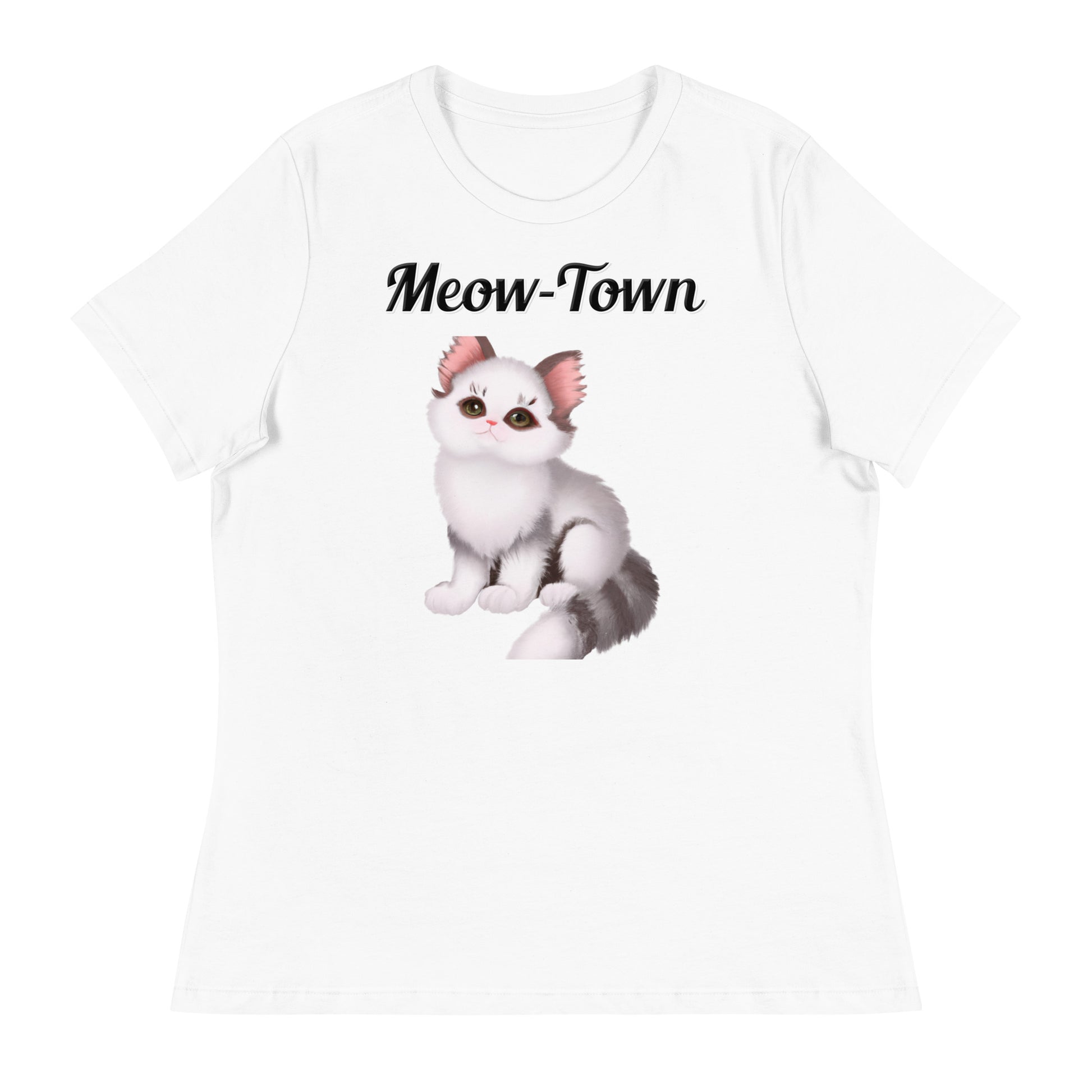 Women's White T-Shirt with text White Stripy Kitten with a text "Meow-Town" at $25.97 found at Personalizedpetlovergifts