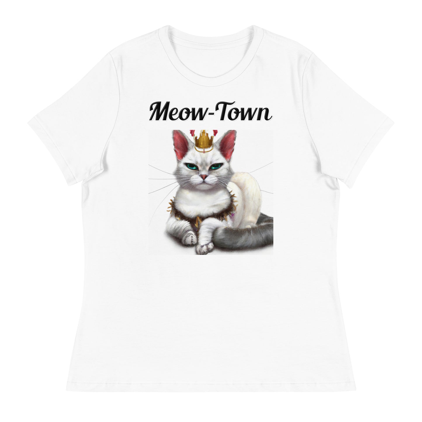 Women's White T-Shirt with text White Queen Cat with a text "Meow-Town" at $25.97 found at Personalizedpetlovergifts