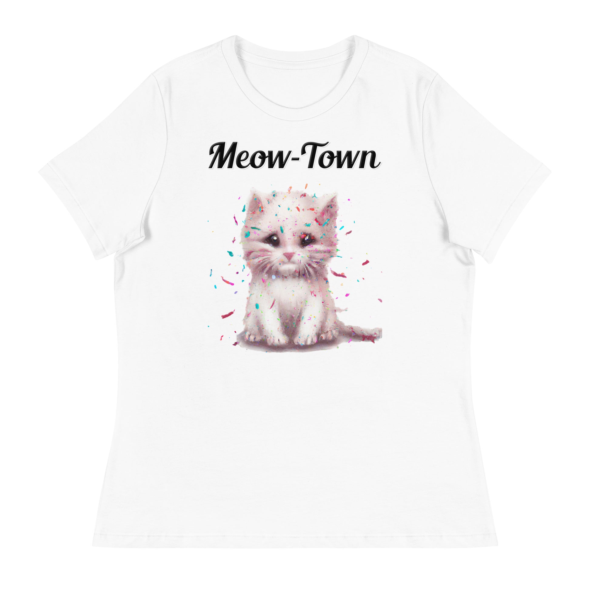 Women's White T-Shirt with text White Kitten With Confetti with a text "Meow-Town" at $25.97 found at Personalizedpetlovergifts