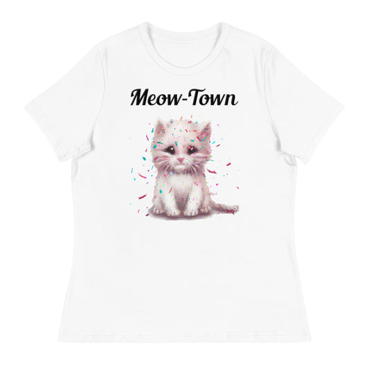 Women's White T-Shirt with text White Kitten With Confetti with a text "Meow-Town" at $25.97 found at Personalizedpetlovergifts