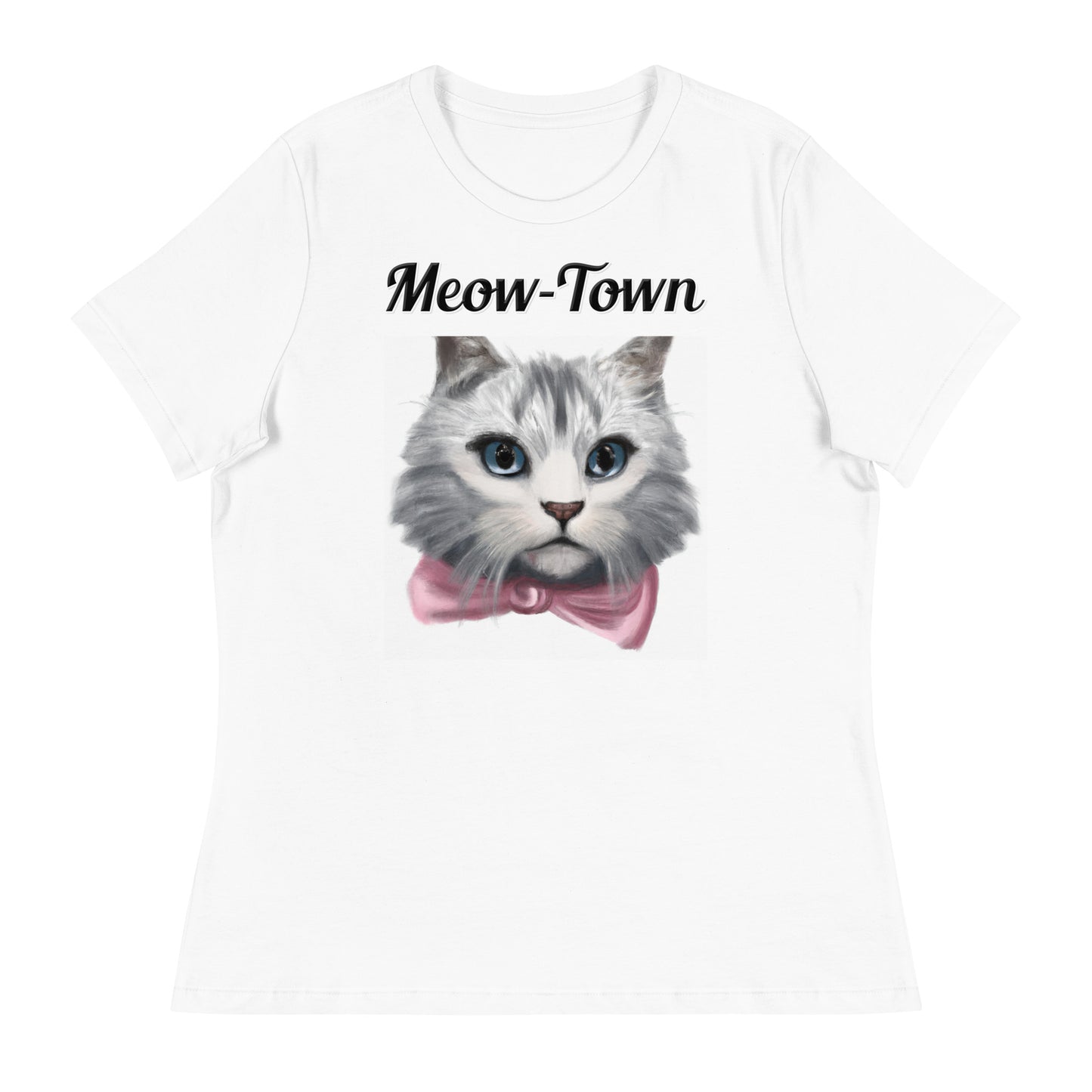 Women's White T-Shirt with text White Kitten With a Pink Bow with a text "Meow-Town" at $25.97 found at Personalizedpetlovergifts