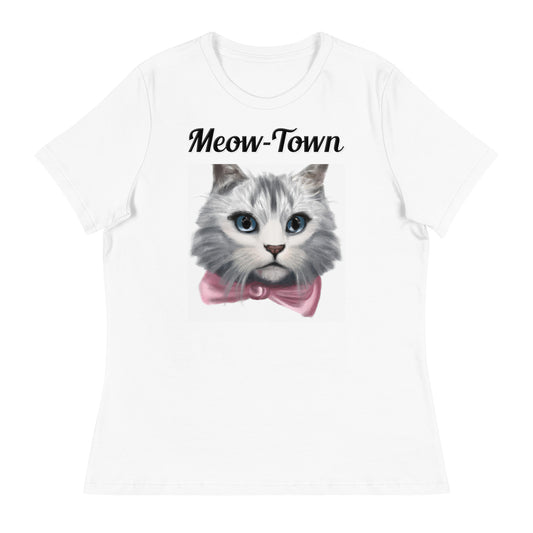 Women's White T-Shirt with text White Kitten With a Pink Bow with a text "Meow-Town" at $25.97 found at Personalizedpetlovergifts