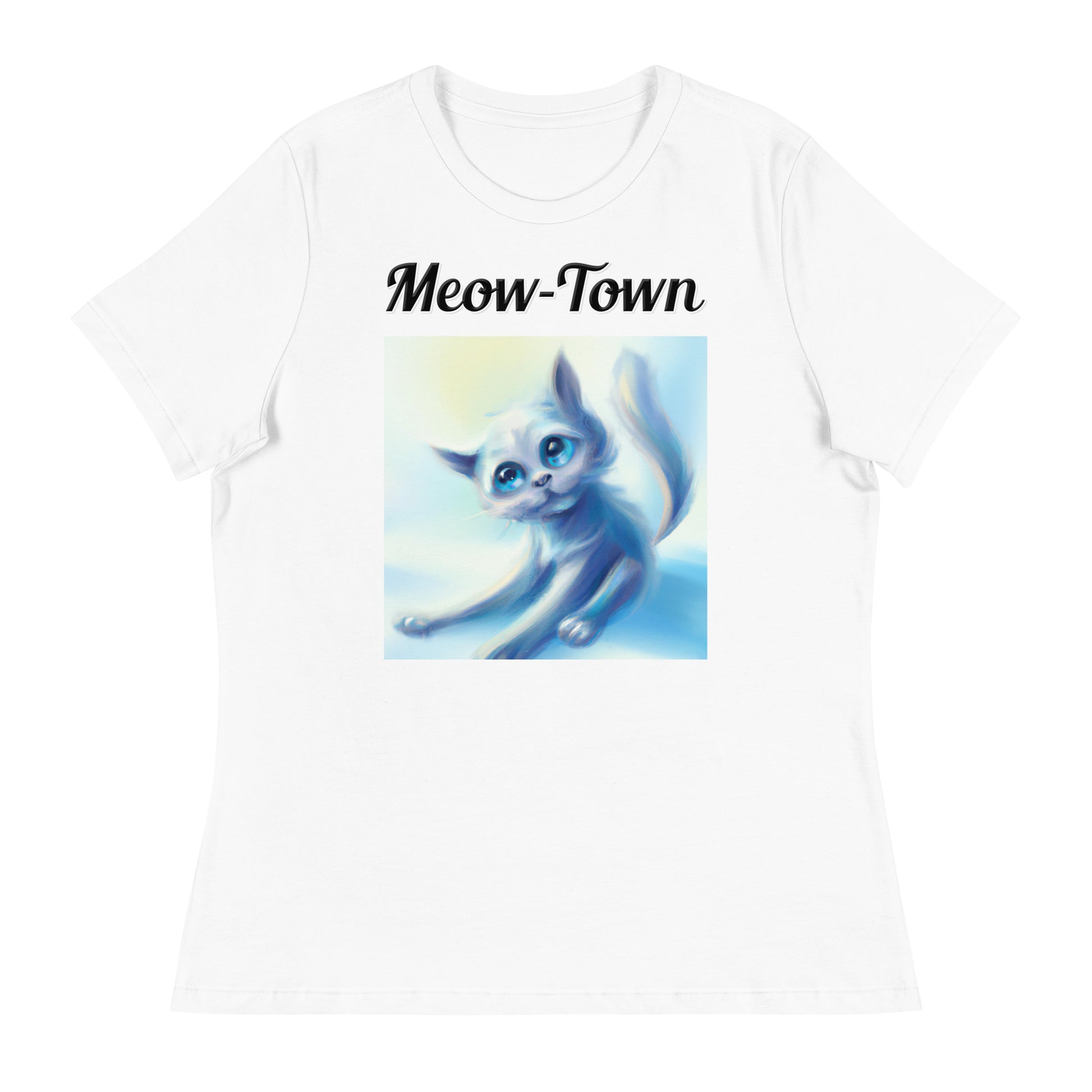 Women's White T-Shirt with text White Kitten Stretching with a text "Meow-Town" at $25.97 found at Personalizedpetlovergifts